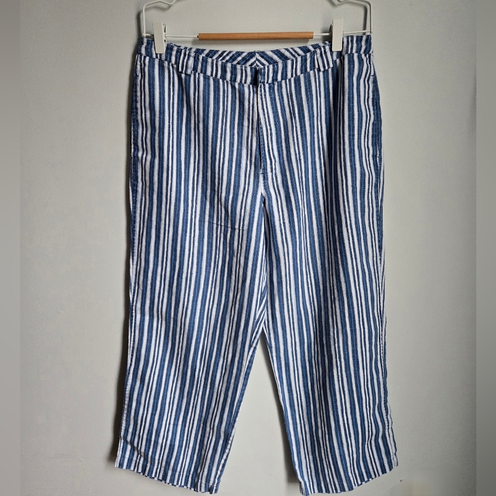 SIGRID OLSEN Blue and White Striped Wide Leg Cropped Linen Pants